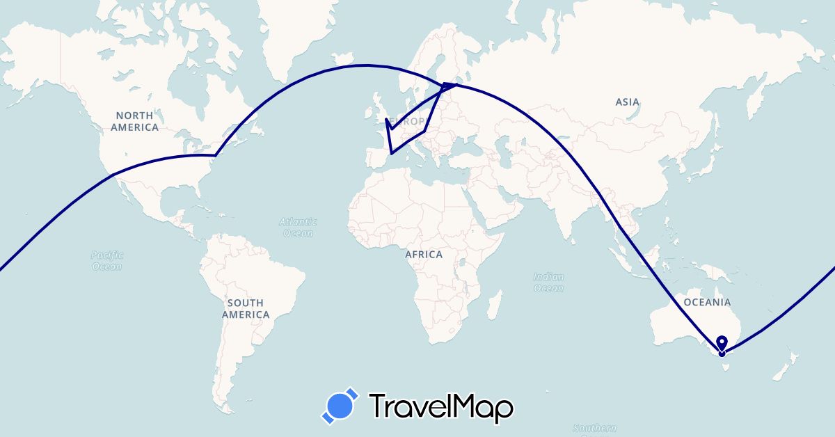 TravelMap itinerary: driving in Austria, Australia, Estonia, Spain, Finland, France, United Kingdom, Russia, Thailand, United States (Asia, Europe, North America, Oceania)
